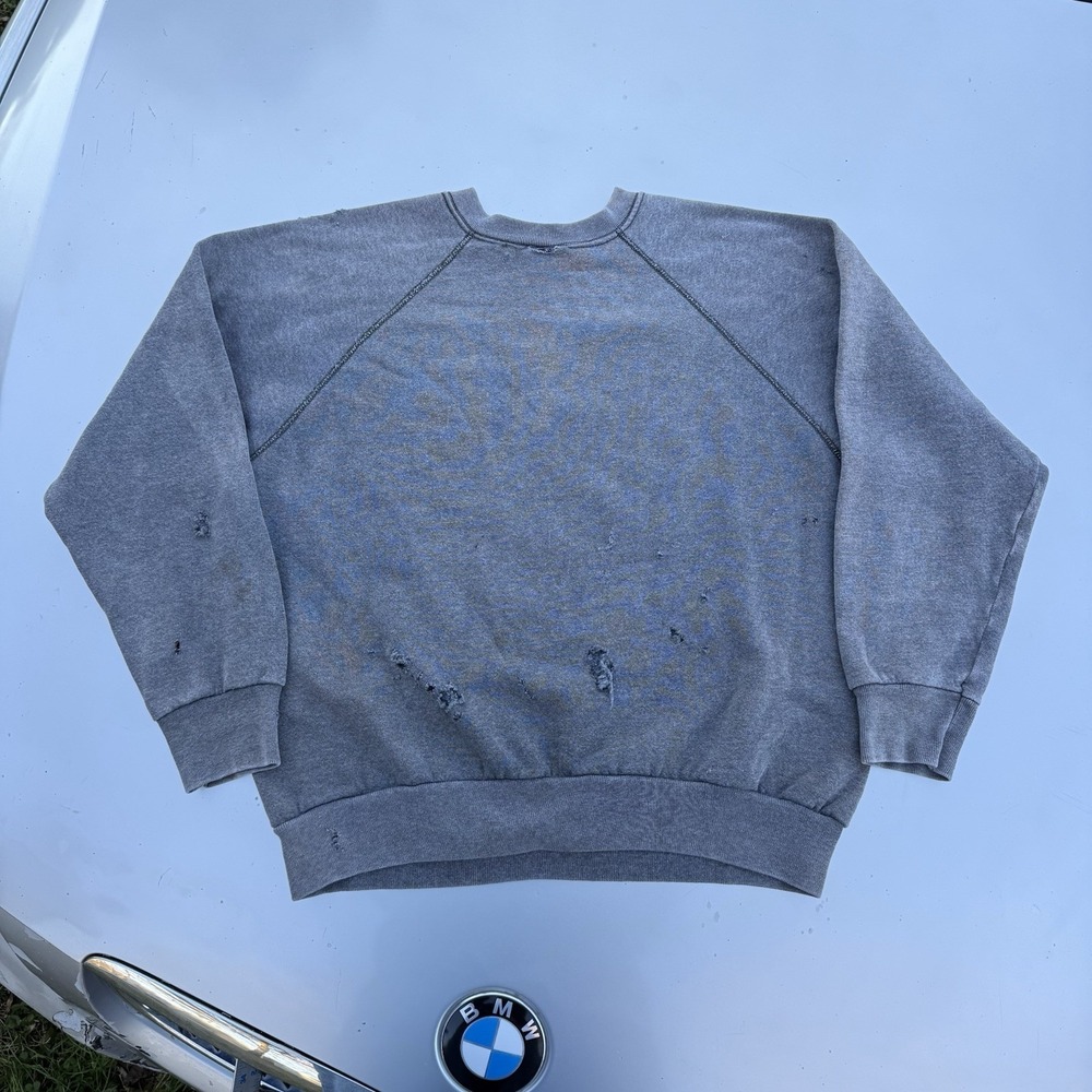 Vtg 70s Raglan Cotton Crewneck Sweatshirt Gray Distressed Faded Blank True VTG